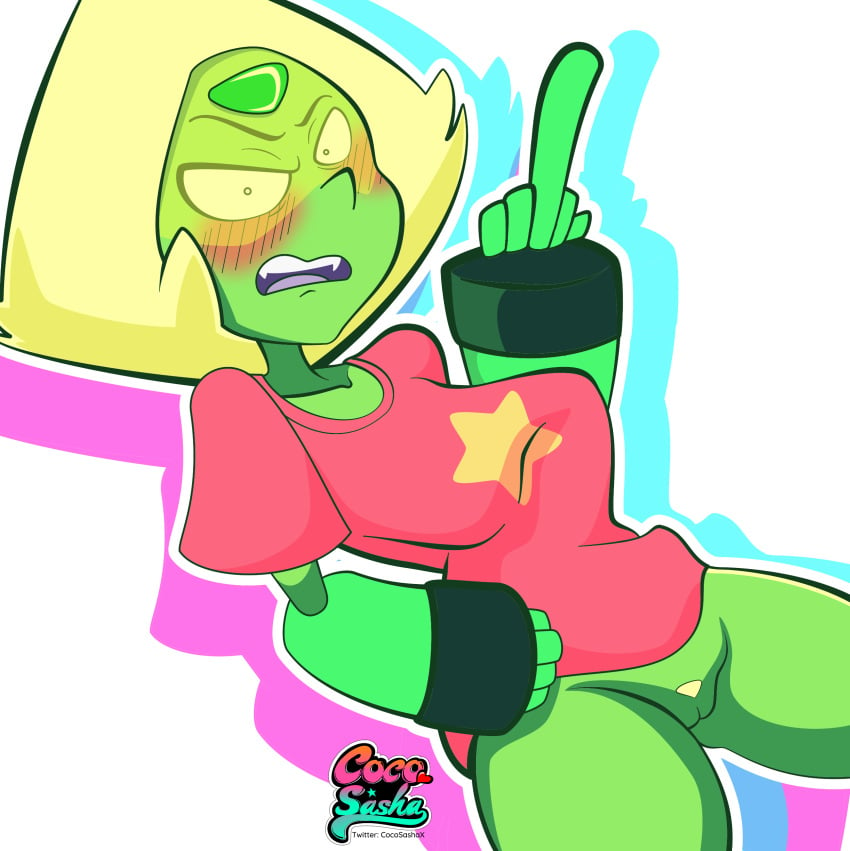 1girls 2024 blush cartoon_network cocosashax commission digital_media_(artwork) flipping_off limb_enhancers middle_finger peridot_(steven_universe) solo steven_universe visor