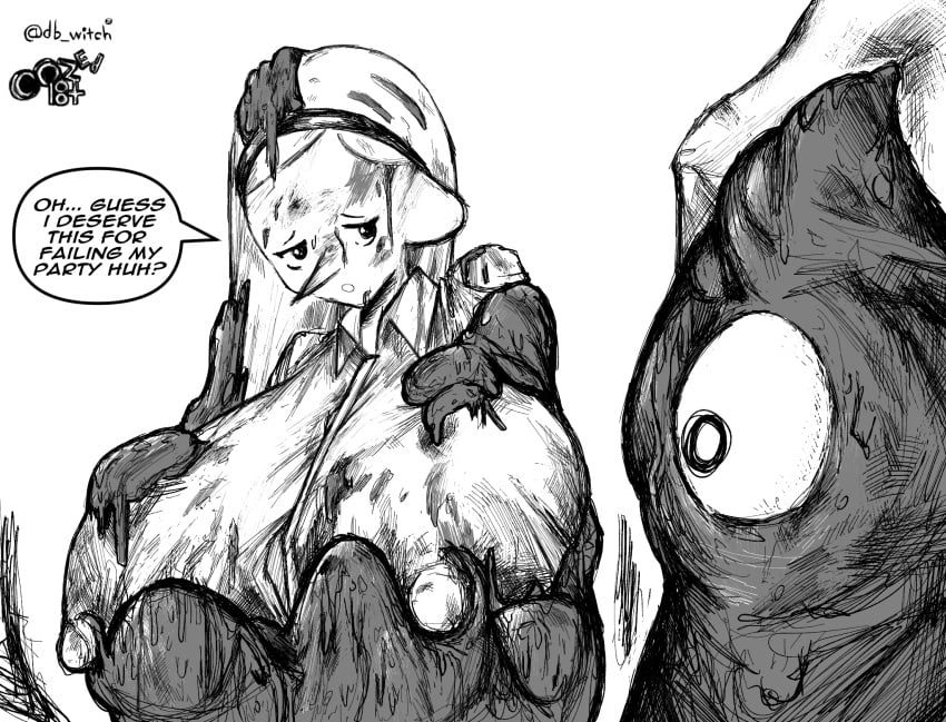 1girls abby_(oozed) abby_(witchdoctordb) big_breasts black_and_white captured captured_heroine clothed covered_in_goo covered_in_slime large_breasts leeper_parasite_(oozed) leeper_parasite_(witchdoctordb) monster nipple_bulge oozed pointy_nose protruding_nipples slime slime_monster slime_on_body speech_bubble stuck text uniform witchdoctordb