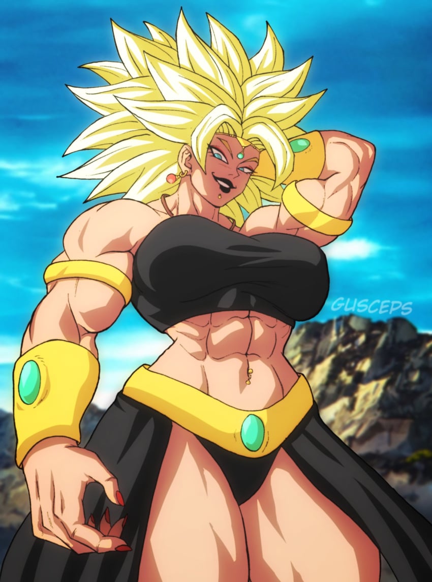 abs biceps big_breasts big_breasts big_breasts breasts breasts breasts clothed clothes clothing dragon_ball dragon_ball_z gauntlets gusceps lipstick muscular muscular_female oc original original_character piercing super_saiyan thick_thighs thighs