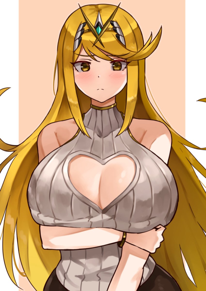 big_breasts blush boob_window breasts breasts cleavage clothed clothing female female_only mythra mythra_(xenoblade) nintendo solo xenoblade_(series) xenoblade_chronicles_2 yotsuhauni