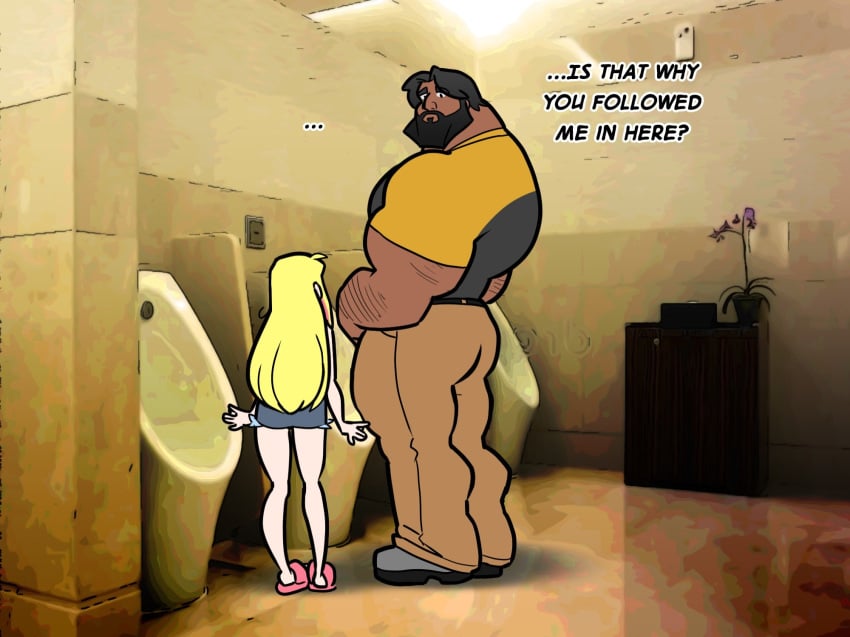 bathroom beard black_eyes black_hair blonde_female blonde_hair comic comic_page comic_panel confusion dad_bod dckiq denim_shorts dialogue hector_(dckiq) khaki_pants khakis large_male large_male_smaller_female large_muscles photo_background size_difference tan_skin tshirt tulip_(dckiq) urinal