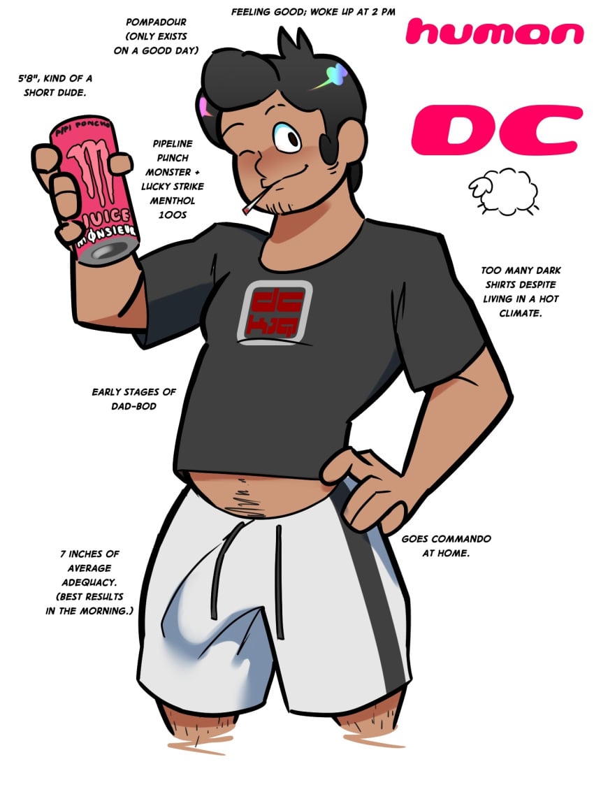 artist artsona blank_background character_introduction cigarette_in_mouth dad_bod dark_hair dckiq dick_print half_body hand_on_hip monster_energy monster_energy_drink persona real_person short_hair shorts smoking smoking_cigarette solo_male tan_skin text toasting tshirt winking winking_at_viewer