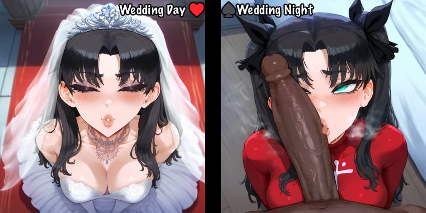 1boy 1girls ai_generated aipotions bangs bare_shoulders black_hair blush breasts bridal_veil bride cheating cheating_on_wedding_day cheating_wife cleavage clothed_female clothed_female_nude_male clothing cuckold curvaceous curvaceous_female curvaceous_figure curvy curvy_figure dark-skinned_male dark_skin dress earrings english_language english_text erection fate_(series) fellatio female female_focus gloves green_eyes hair_ornament hairbow headdress headwear heart heavy_breathing imminent_fellatio indoors interracial jewelry large_breasts large_penis licking light-skinned_female lips long_hair looking_at_viewer makeup male male_pubic_hair medium_breasts necklace netorare ntr nude open_mouth oral parted_bangs penis penis_awe penis_on_face piercing pubic_hair red_sweater saliva smelling solo_focus straight sweat sweater testicles text tiara tied_hair tohsaka_rin tongue tongue_out twintails two_side_up ugly_bastard ugly_manbastard veil veins veiny_penis voluptuous voluptuous_female wedding_dress white_dress white_gloves