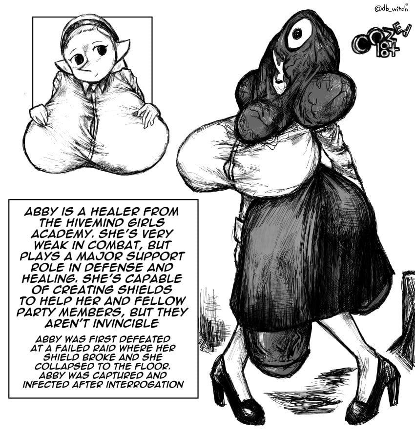 1girls abby_(oozed) abby_(witchdoctordb) ball_peek balls balls_peek big_ass big_balls big_breasts big_penis black_and_white captured captured_heroine clothed corruption defeated_heroine english_text futanari head_parasite huge_balls huge_cock infected infection large_breasts leeper_parasite_(oozed) leeper_parasite_(witchdoctordb) lore monster oozed parasite penis penis_peek pointy_nose slime slime_monster text text_box uniform witchdoctordb