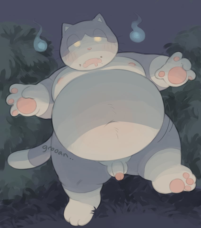 2024 anthro arms_out balls barazoku belly belly_jiggle big_belly black_body black_fur bloated bodily_fluids cafongterua colored crumbs crumbs_on_face digital_drawing_(artwork) digital_media_(artwork) domestic_cat drooling felid feline felis flaccid foreskin fur genitals grass groaning_belly hi_res jiggling male mammal navel night nipples nude outside overweight overweight_anthro overweight_male pau_(cafongterua) penis plant possession public public_nudity retracted_foreskin saliva shrub solo tuxedo_cat walking whiskers white_body white_fur will-o'-the-wisp yellow_eyes