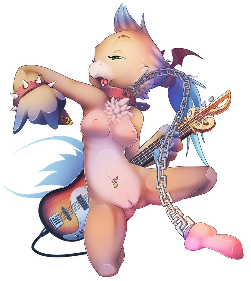 action_pose anthro avian b-ern beak bird bondage bound breasts chains collar dildo feathers female guitar holding_object holding_weapon musical_instrument nude open_mouth piercing punk purple_feathers pussy sex_toy solo weapon