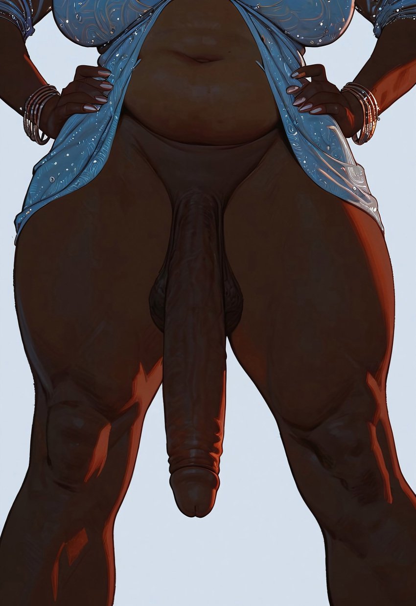 absurd_res ai_assisted ai_generated belly belly_bulge belly_overhang chubby chubby_female ebony from_below futanari hands_on_hips highres huge_cock large_areolae large_ass large_penis mature mature_female milf robe sagging_breasts thick_thighs viewed_from_below wide_hips