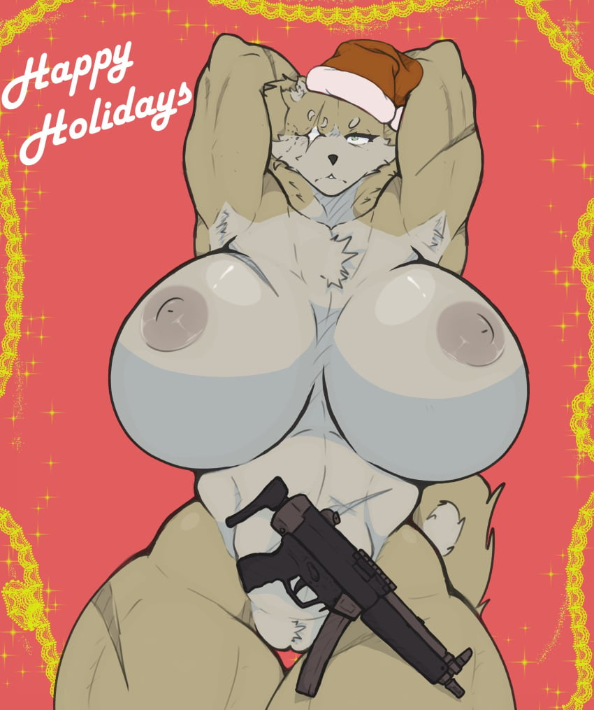 1girls amadchief anthro big_breasts breasts christmas female gun huge_breasts mp5 solo solo_female