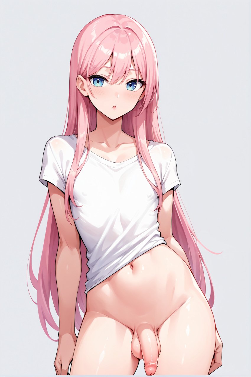 1boy ai_generated blue_eyes femboy male_only penis pink_hair solo solo_male white_background white_shirt