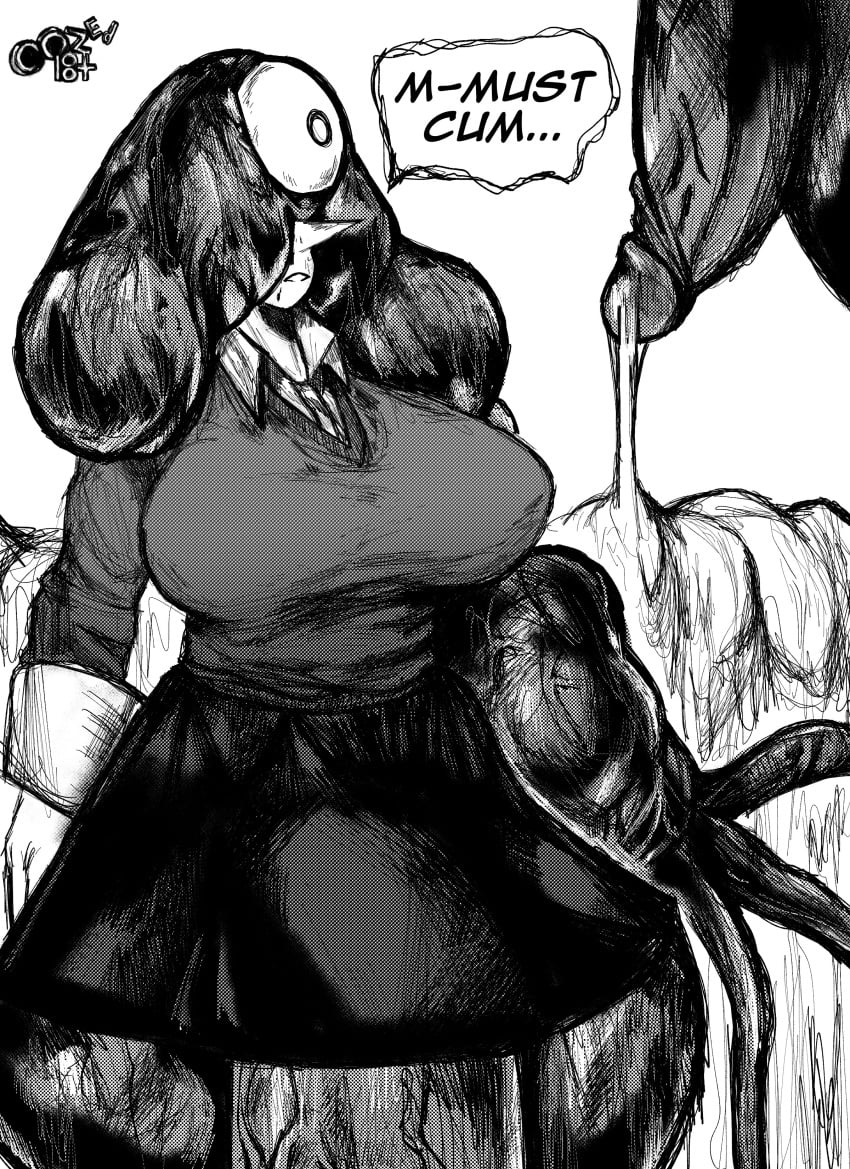 1girls balls big_balls big_breasts big_penis black_and_white bodily_fluids clothed corruption futanari head_parasite huge_balls huge_cock infected infection large_breasts leaking leeper_parasite_(oozed) leeper_parasite_(witchdoctordb) monster oozed pantyhose parasite penis pointy_nose slime slime_monster speech_bubble text uniform witchdoctordb