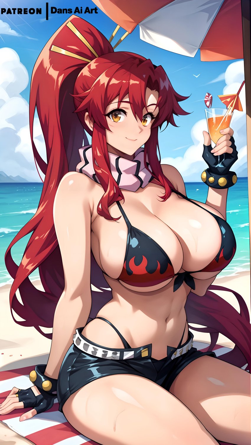 1girls ai_generated beach big_breasts bikini dans_ai female huge_breasts large_breasts long_hair red_hair shorts skull_hair_ornament tengen_toppa_gurren_lagann yoko_littner