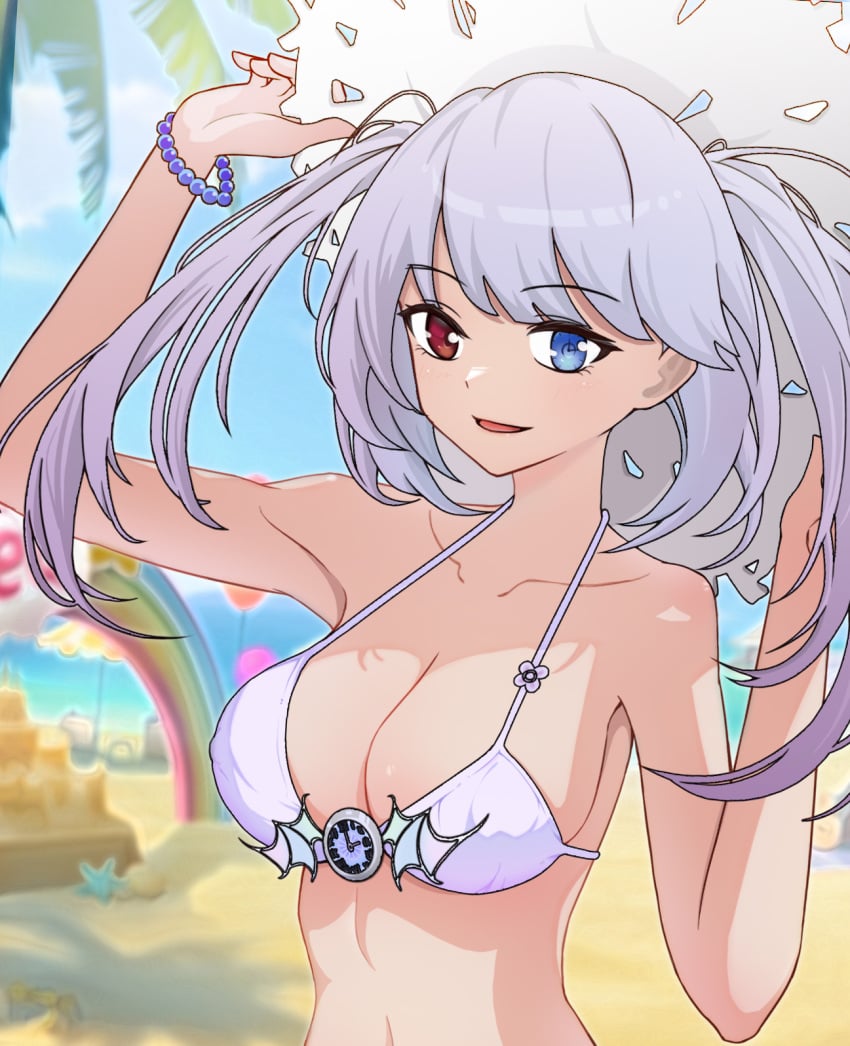 2d 2d_(artwork) beach bikini breasts date_a_live heterochromia light-skinned_female medium_breasts red_eyes solo solo_female twintails upper_body white_hair white_queen_(date_a_live)