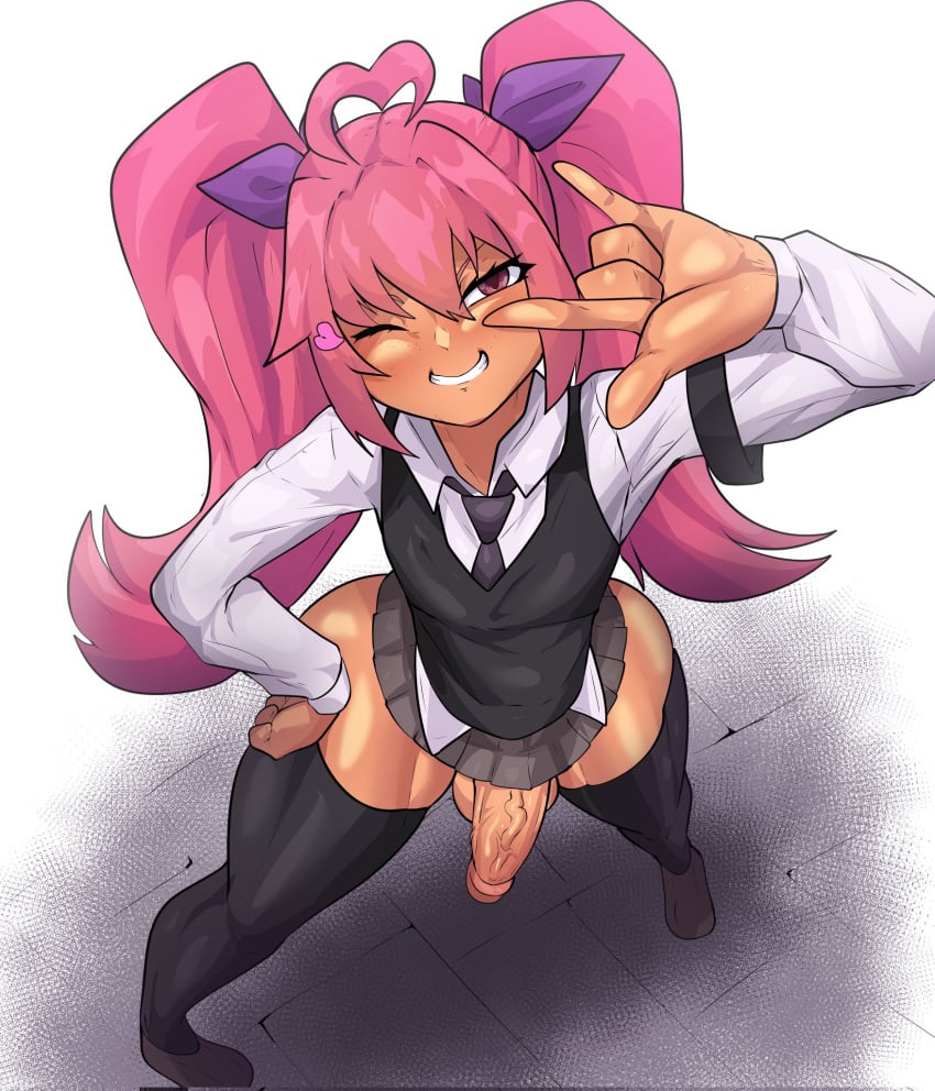 1boy crossdressing femboy grin huge_cock hung_trap ian_mimu male_only penis_under_skirt pink_hair school_uniform thighhighs twintails v wink