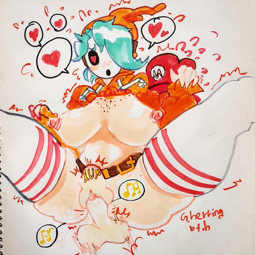 <3_eyes 1boy 1girls balls big_breasts blue_hair blush breasts clothes faceless_male female gynoidherring hair hat headgear heart huge_breasts human legwear male mammal mario mario_(series) mask musical_note nintendo nipples penetration penis pussy sex shy_gal simple_background speech_bubble spoken_heart stockings stomach_bulge straight traditional_media_(artwork) unseen_male_face vaginal_penetration video_games white_background