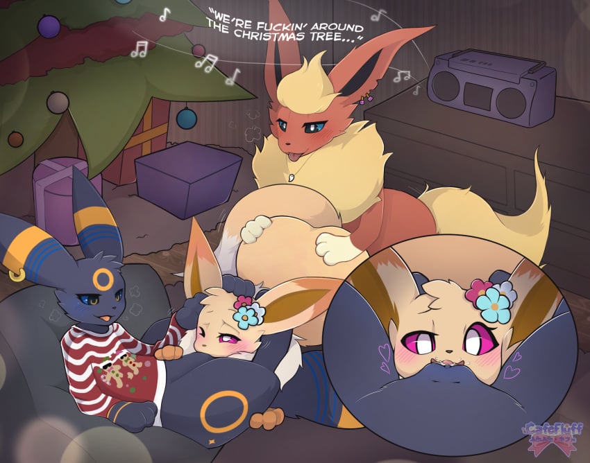 accessory blue_eyes blush brother_(lore) brother_and_sister_(lore) brother_penetrating_sister cafefluff christmas cunnilingus detailed_background dipstick_ears dipstick_tail ear_markings ear_piercing ear_ring eevee eeveelution english_text female female/female female_penetrated female_pov feral first_person_view flareon flower flower_hair_accessory fluffy fluffy_tail from_behind_position fur generation_1_pokemon generation_2_pokemon genitals group hair_accessory hairclip hi_res holidays incest_(lore) jewelry kai_the_flareon leg_markings looking_at_another male male/female male_penetrating male_penetrating_female markings multicolored_ears neck_tuft necklace nintendo one_eye_closed open_mouth oral penetration penile penile_penetration piercing pink_eyes plant pokemon pokemon_(species) pussy ring_piercing sex sibling_(lore) sister_(lore) socks_(marking) stacy_(vivee) tail tail_markings text tongue tongue_out trio tuft umbreon vaginal_penetration vivi_(vivee)