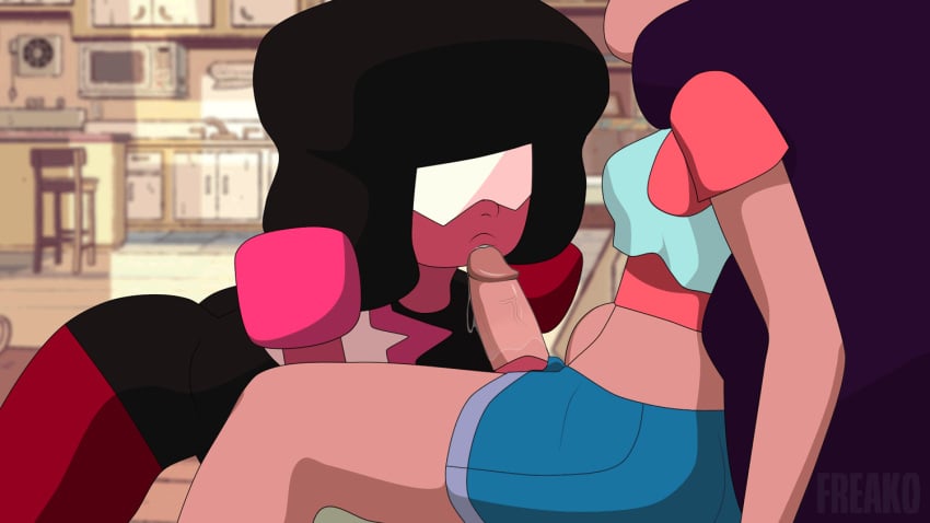 animated breasts dickgirl erection fellatio female freako futa_on_female futanari garnet_(steven_universe) gem_(species) gem_fusion intersex kneeling oral penis precum sitting steven_universe stevonnie uncensored