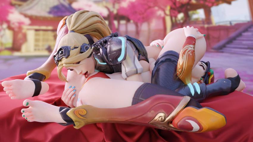 2girls 3d absurdres alternate_costume amelie_lacroix arhoangel ass blizzard_entertainment blonde_hair cunnilingus female female_only hanamura_(map) highres lunar_new_year lunar_new_year_series mercy nova_(starcraft) nova_widowmaker oral overwatch starcraft starcraft_2 widowmaker year_of_the_dog yuri zhuque_mercy