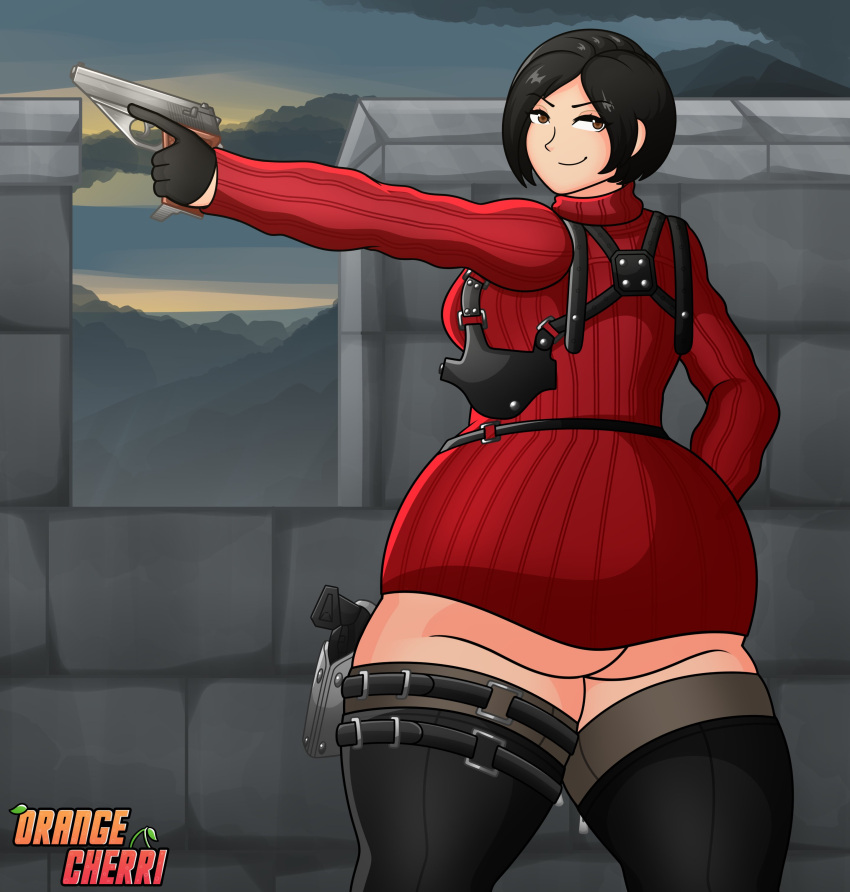 1girls ada_wong ass ass_focus big_ass black_hair booty bottomless brown_eyes castle dress gun orangecherri red_dress resident_evil resident_evil_4 resident_evil_4_remake short_hair stockings thick thick_ass thick_thighs