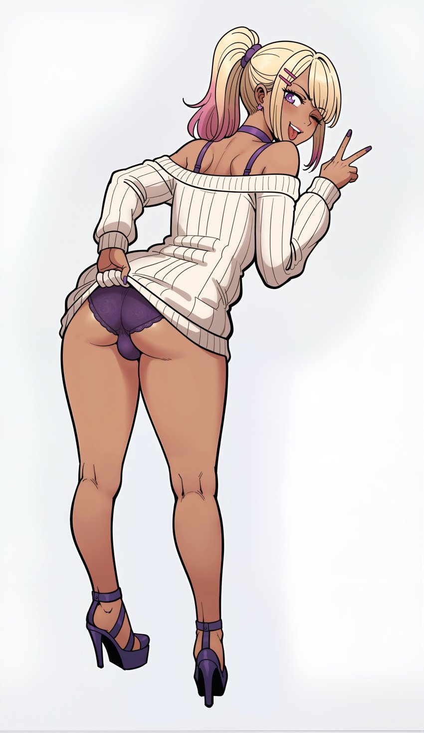 1futa ai_generated ass back back_view bangs bare_shoulders bent_over blonde_hair bulge clothed clothing crossdressing dark-skinned_futanari dark_skin earrings flashing flashing_panties from_behind full_body fully_clothed futa_only futanari gyaru hair_ornament hairclip high_heels human icelocke jewelry long_hair long_sleeves looking_at_viewer looking_back off_shoulder one_eye_closed open_mouth otoko_no_ko panties ponytail purple_bra purple_eyes purple_panties sissy smile solo standing underwear v wink