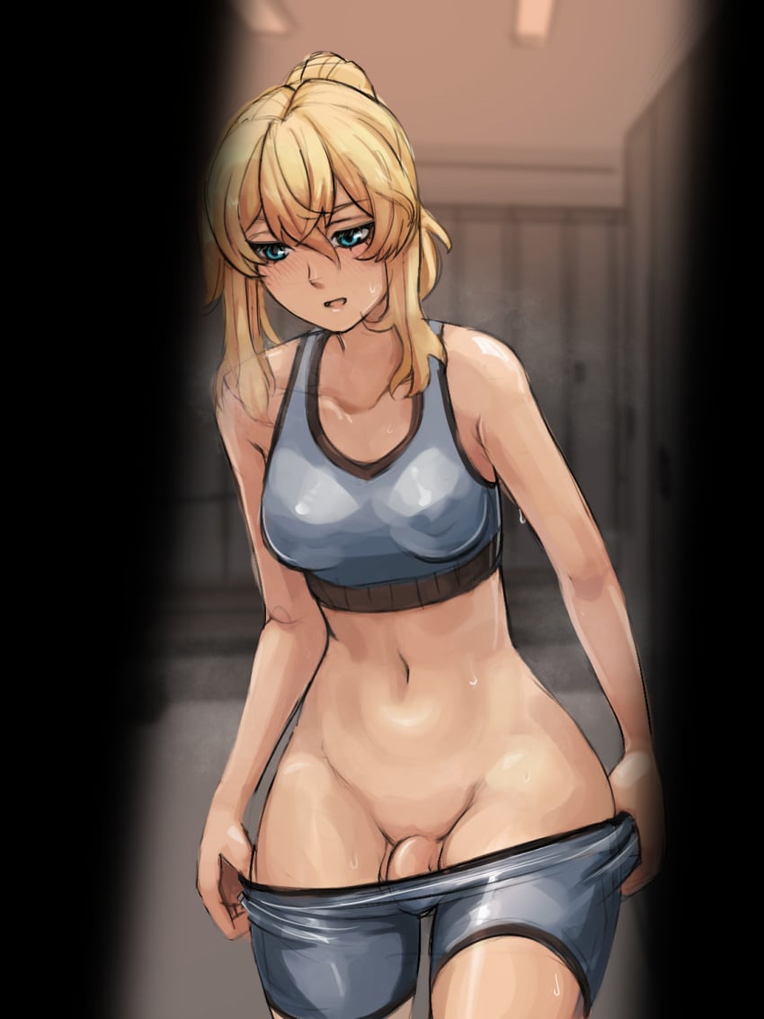 blonde_hair blue_eyes breasts bridget futanari guilty_gear peeping penis silentlumi solo sports_bra sportswear sweat taking_clothes_off thin_waist undressing