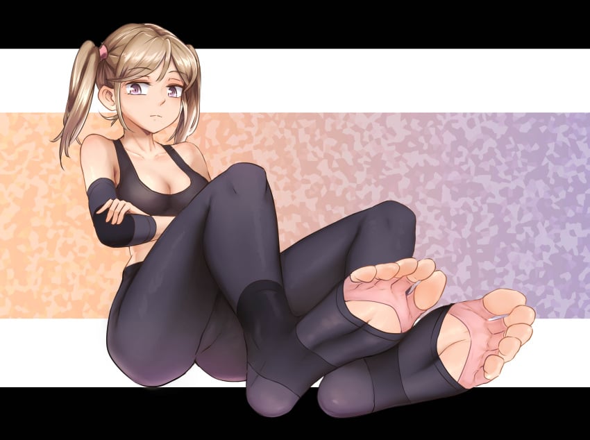 1girls black_pantyhose can_feng_da_bai_ying feet female female_only fingerlike_toes foot_fetish long_toes presenting_feet toeless_legwear toes yoga_shorts