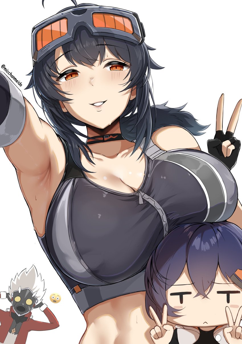 1boy 2girls absurdres belle_(zenless_zone_zero) billy_kid black_hair breast_rest breasts breasts_on_head cleavage double_v goggles goggles_on_head grace_howard highres large_breasts looking_at_viewer meme micchan_(micchanmeido) multiple_girls red_eyes selfie sports_bra v zenless_zone_zero