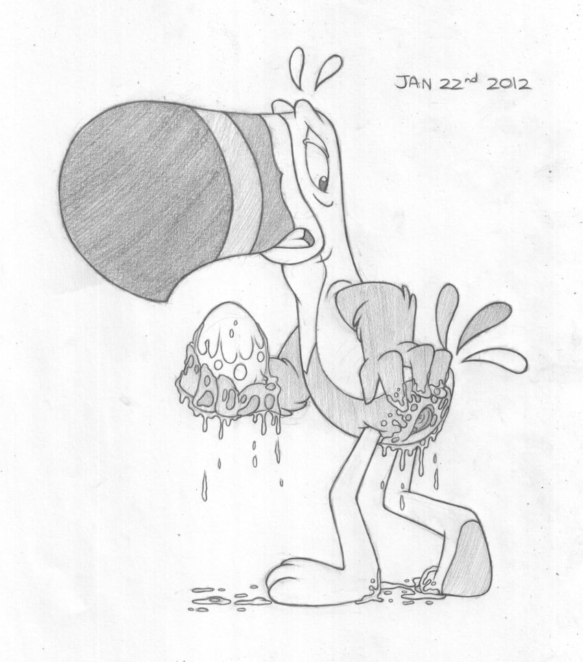 1boy 2012 all_fours animal_genitalia anthro avian beak bird clenched_teeth cloaca dripping egg egg_laying froot_loops gaping_cloaca greyscale holding_ass male male_only messy mizzyam monochrome nude pencil_(artwork) rear_view solo standing teeth toucan toucan_sam traditional_media_(artwork) winged_arms wings