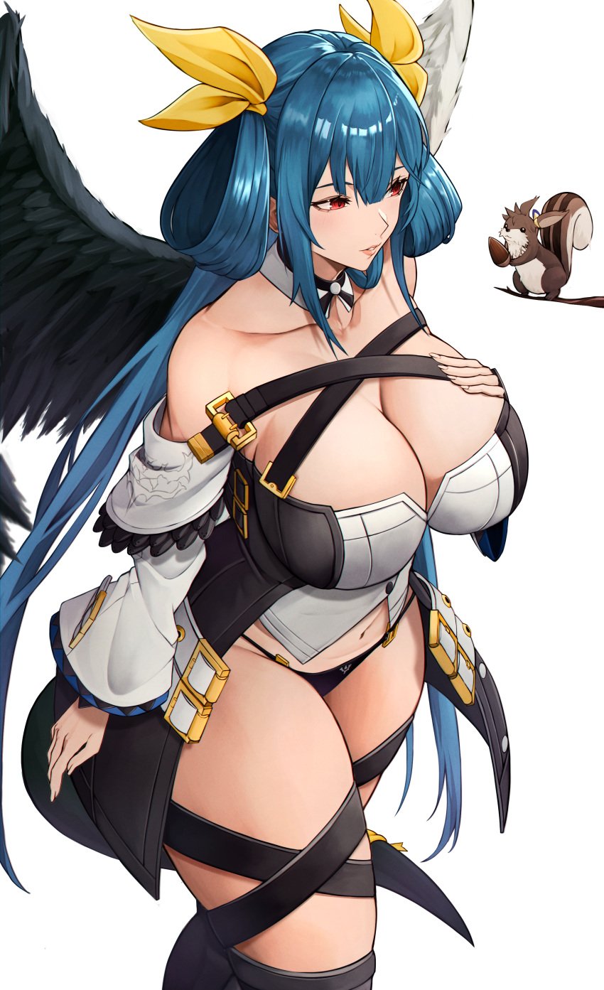 1girls absurdres angel_wings asymmetrical_wings bare_shoulders belt big_breasts black_panties black_thighhighs blue_hair breasts cleavage cleavage_cutout clothing_cutout collarbone detached_collar detached_sleeves dizzy_(guilty_gear) female from_above guilty_gear guilty_gear_xrd hair_between_eyes hair_ribbon hair_rings hand_on_own_chest highres large_breasts long_hair mature_female midriff monster_girl navel panties parted_lips red_eyes ribbon sidelocks simple_background skindentation souma_(so_u_maaaaa) squirrel thick_thighs thighhighs thighs twintails underwear very_long_hair white_background wide_sleeves wings yellow_ribbon