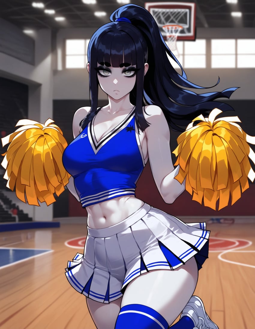 1girls ai_generated artstyle_imitation ass bangs basketball bella_(xandr) black_hair black_makeup blue_crop_top blue_stockings blunt_bangs breasts cheering cheerleader cheerleader_outfit cheerleader_uniform crop_top ear_piercing earrings emotionless eyelashes eyeshadow goth goth_girl grey_eyes makeup medium_breasts pale-skinned_female pleated_skirt skirt sports sports_uniform stockings straight_hair thiccwithaq_(ai_style) thick_ass thick_legs thick_lips thick_thighs thighs thin_female thin_waist voluptuous voluptuous_female white_skin xandr young