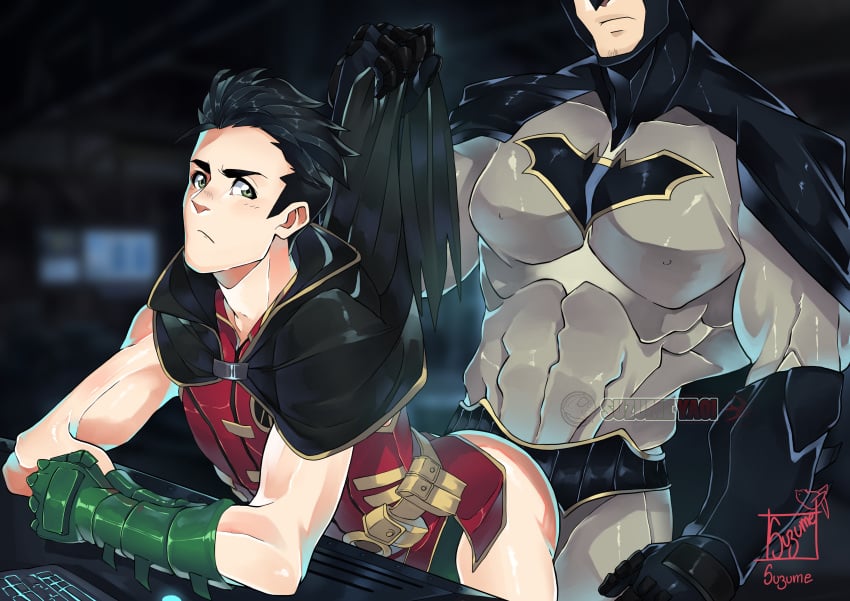 2boys abs batman batman_(bruce_wayne) batman_(series) bruce_wayne bubble_butt damian_wayne dc dc_comics duo duo_focus father_and_son gay human incest male male_focus male_only muscular muscular_male robin_(damian_wayne) robin_(dc) suzumeyaoi