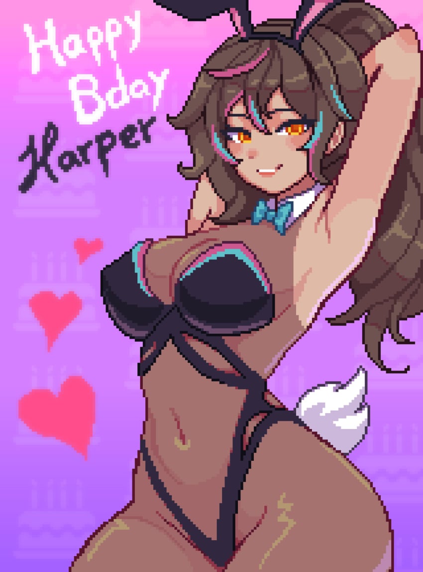 2020s 2024 amber_eyes arms_behind_head belly_button birthday birthday_cake_background blue_streak body_stocking bowtie bowtie_collar breasts brown_hair bunny_ears_headband bunnysuit dark-skinned_female english_text functionally_nude heart hips indie_virtual_youtuber leotard looking_at_viewer neon_harper pink_streak pixel_art ponytail streaked_hair virtual_youtuber vtuber yumykon