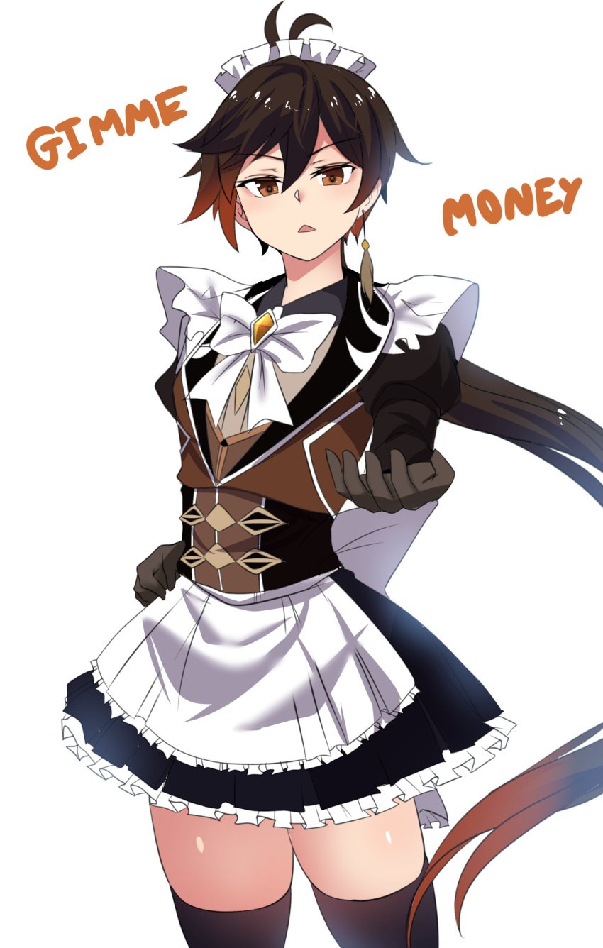 1boy asking_for_money bare_thighs crossdressing crossdressing_male english_text female femboy fully_clothed genshin_impact girly gloves hinghoi human human_only long_hair maid maid_apron maid_headdress maid_uniform male male_in_dress male_only no_visible_genitalia princesshinghoi short_skirt solo_male stockings text thighhighs trap twink zhongli_(genshin_impact)