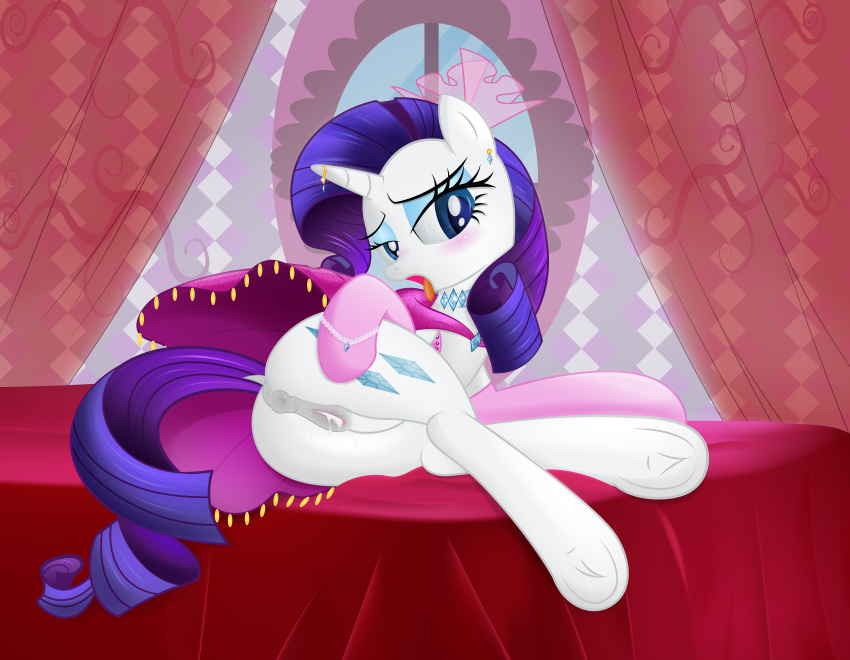 absurd_res anatomically_correct ass bed bedroom_eyes clitoris clothing cum cum_in_pussy cum_inside dress equine friendship_is_magic half-closed_eyes hi_res horn horse mammal my_little_pony presenting pussy rainbownspeedash rarity_(mlp) ring seductive straight_hair tongue unicorn