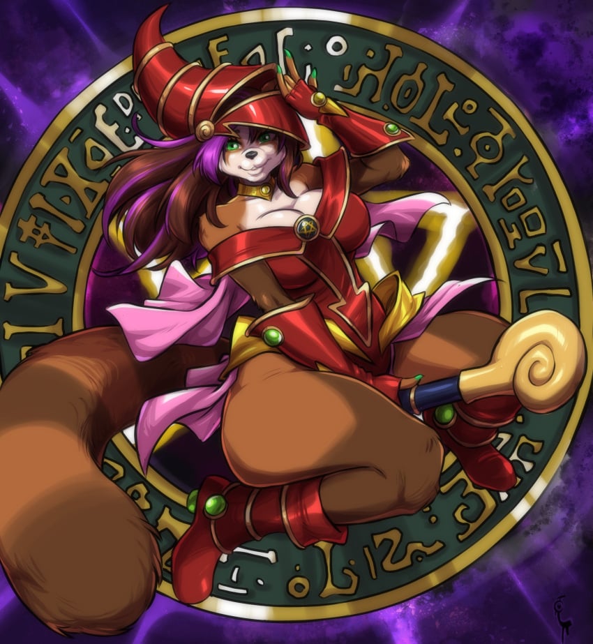 1girls alternate_color big_breasts blizzard_entertainment brown_fur brown_hair cosplay countershading dark_magician_girl_(cosplay) female female_only fur furry green_eyes hi_res kiku_(white_knight19) konami long_hair looking_at_viewer pandaren pandaren_female purple_highlights smiling smiling_at_viewer solo tail thick_thighs turtlechan ursid warcraft world_of_warcraft yu-gi-oh!