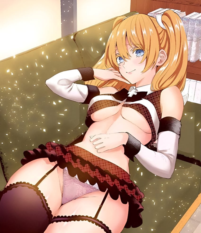 2.5_jigen_no_ririsa amano_ririsa ass_visible_through_thighs bare_belly bare_shoulders big_breasts blue_eyes blush breasts closed_mouth cosplay detached_sleeves female female_only garter_belt garter_straps hashimoto_yuu indoors liliel_(cosplay) lipstick long_hair lying manga navel_cutout official_art on_couch one_thighhigh orange_hair panties pink_panties revealing_clothes skirt smile stockings thighs twintails underboob underwear zettai_ryouiki