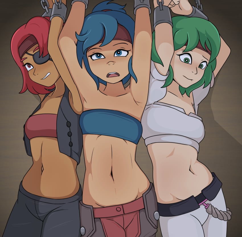 belt black_legwear bloated_belly blue_eyes blue_hair cargo_pants chained chained_up chained_wrists chains clenched_teeth crop_top cum_from_mouth cum_in_mouth drooling edo07 eel eyes_rolling_back green_eyes green_hair gritted_teeth navel navel_penetration red_eyes red_hair rod