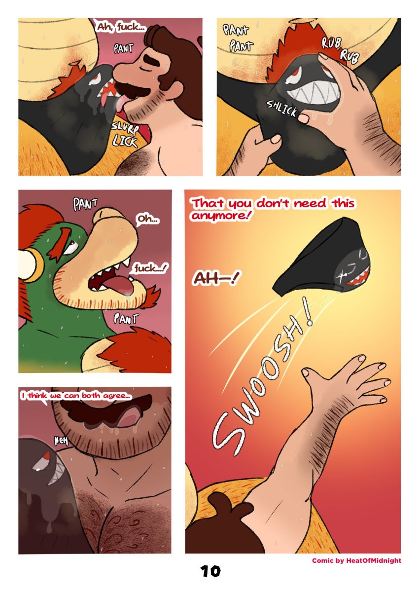 2024 2boys absurd_res anthro arm_hair blush bodily_fluids body_hair bowser brown_hair bulge bulge_rubbing chest_hair clothed clothing colored comic dropsofmoonlight duo english_text facial_hair gay goatee hair happy_trail hi_res human koopa leg_hair licking_bulge male male/male mammal mario mario_(series) motion_lines moustache nintendo nude onomatopoeia page_10 page_number removing_underwear saliva scalie sound_effects sweat tan_body tan_skin text tongue tongue_out underwear underwear_only