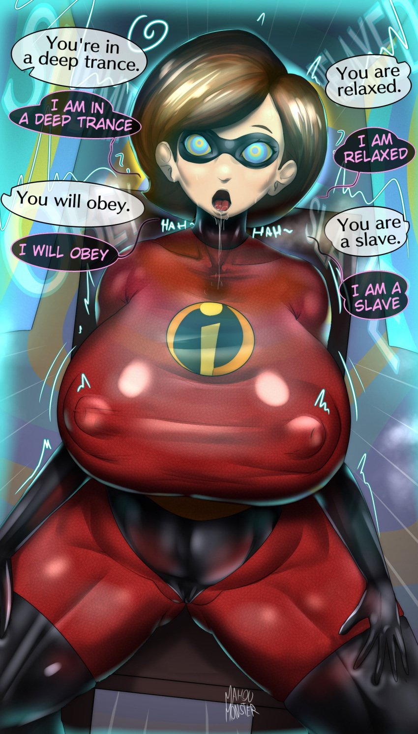 1girls big_breasts bodysuit brown_hair dialogue disney drooling elastigirl english_text eye_mask female female_only helen_parr hi_res huge_breasts hypnosis looking_at_viewer mahou_monster milf mind_control nipple_bulge open_mouth puffy_nipples sitting sitting_on_chair solo speech_bubble superheroine the_incredibles thick_thighs