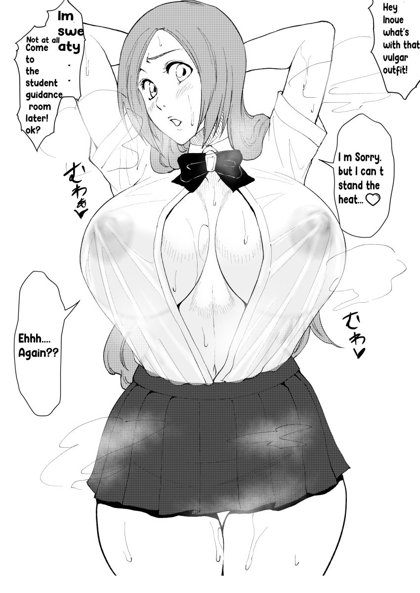 1boy 1girls arms_behind_head big_areola big_ass big_breasts big_butt big_nipples big_thighs bleach breasts cleavage covered_nipples english_text female highres huge_ass huge_breasts huge_butt huge_nipples huge_thighs inoue_orihime iwao178 large_breasts long_hair monochrome nipples no_bra point_of_view pov school_uniform schoolgirl see-through see-through_clothing skimpy skimpy_clothes skirt solo standing sweating sweating_female teacher teacher_and_student teenage_girl teenager text_bubble visible_nipples voluptuous