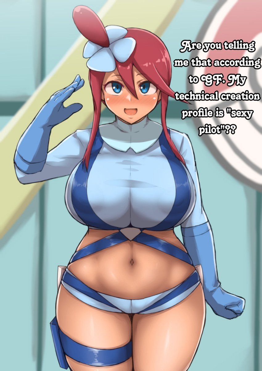 1girls 2024_pokemon_teraleak abs alternate_breast_size belly blue_eyes blush clothed eye_contact gloves huge_breasts large_breasts latina looking_at_viewer midriff navel nintendo pilot_suit pokemon pokemon_bw red_hair salute shadow_the_hedgehog_approved shirt shorts skyla_(pokemon) solo source_request thick_thighs wide_hips yamaori