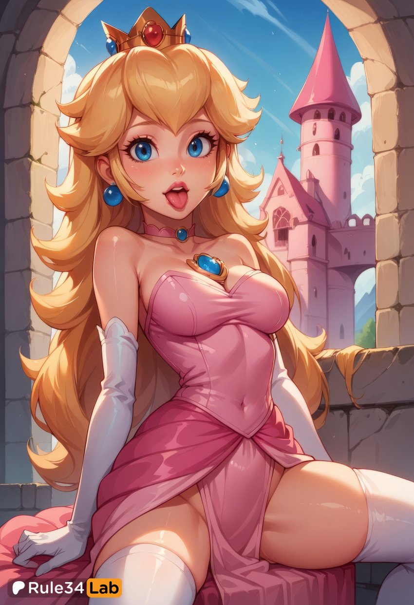 1girls ai_generated artist_name bare_shoulders blonde_hair blue_eyes blue_sky blush breasts castle choker cleavage collarbone covered_navel crown day dress earrings elbow_gloves gloves hi_res jewelry lips long_hair looking_at_viewer mario_(series) medium_breasts mini_crown nintendo open_mouth outdoors patreon_logo patreon_username pelvic_curtain pink_choker pink_dress princess princess_peach rule34lab sitting sky solo sphere_earrings spread_legs strapless strapless_dress super_mario_bros. teeth thighhighs thighs tongue tongue_out upper_teeth_only web_address white_gloves white_thighhighs