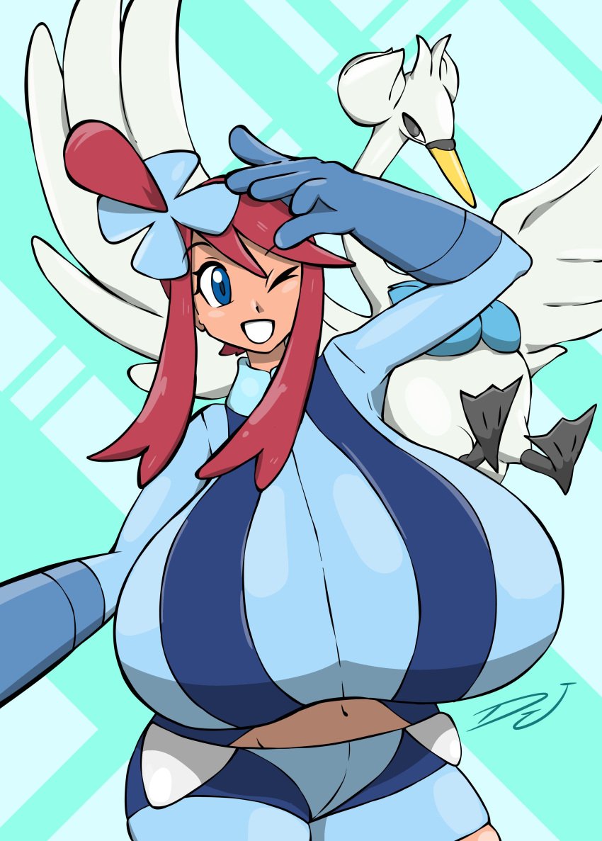 2024_pokemon_teraleak blue_bra blue_eyes breasts_bigger_than_head breasts_bigger_than_torso djthepokemen enormous_breasts gigantic_breasts huge_breasts huuro_(pokemon) hyper_breasts large_breasts nintendo one_eye_closed pokemon pokemon_bw red_hair skyla_(pokemon) swanna