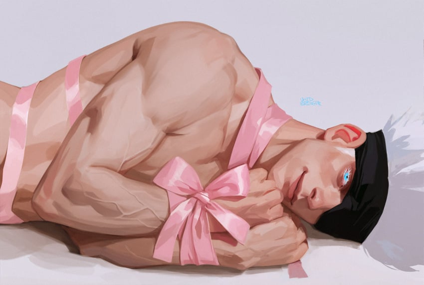 artistic_nude artistic_nudity bara barazoku biceps blue_eyes bondage bows buff buff_male jujutsu_kaisen looking_at_viewer male male_focus male_only muscular muscular_arms muscular_male no_visible_genitalia nonsexual nonsexual_nudity restrained restrained_arms restrained_wrists restraints ribbon ribbon_bondage ribbons satoru_gojo solo_male tasteful tasteful_nudity tied_up toned toned_body toned_male veiny_muscles voidbringerr white_hair