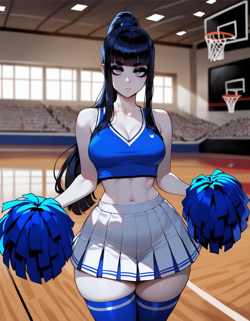 1girls ai_generated artstyle_imitation ass bangs basketball bella_(xandr) black_hair black_makeup blue_crop_top blue_stockings blunt_bangs breasts cheering cheerleader cheerleader_outfit cheerleader_uniform crop_top ear_piercing earrings emotionless eyelashes eyeshadow female goth goth_girl grey_eyes light-skinned_female looking_at_viewer makeup medium_breasts pale-skinned_female pleated_skirt skirt solo sports sports_uniform stockings straight_hair thiccwithaq_(ai_style) thick_ass thick_legs thick_lips thick_thighs thighs thin_female thin_waist voluptuous voluptuous_female white_skin xandr young