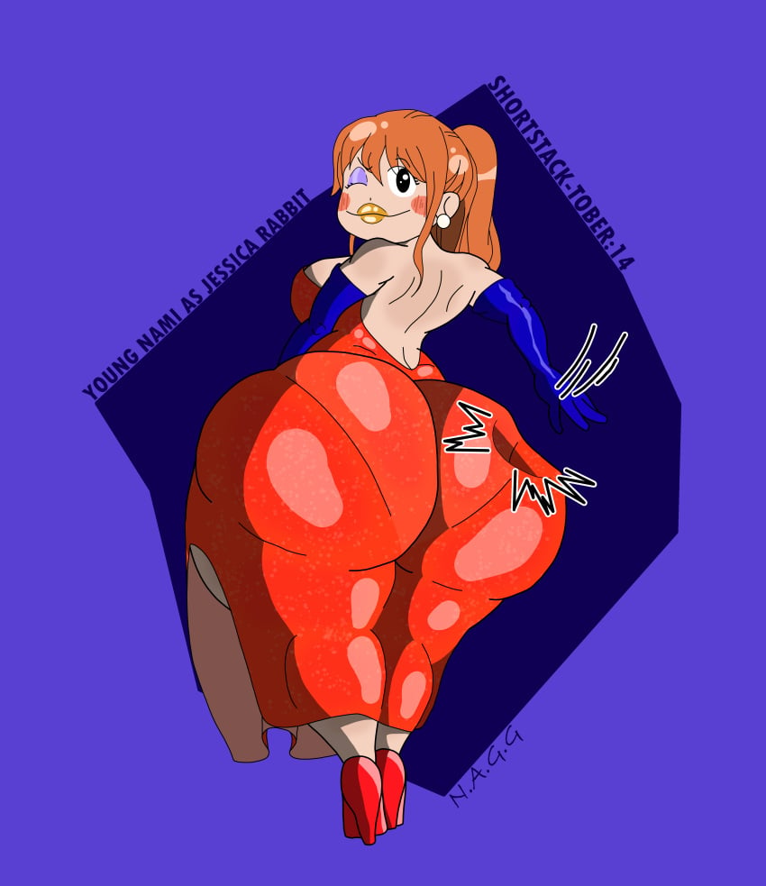 back_view dumptruck_ass fat_ass female female_only heels huge_ass jessica_rabbit jessica_rabbit_(cosplay) latex lipstick long_dress long_gloves massive_ass nami nami_(one_piece) notagoodguy1_(autor) one_piece orange_hair panty_lines red_hair self_spanking sexy_dress shiny_ass shortstack shortstack-tober small_body smaller_female spanking spanking_own_ass sparkly_dress thick_hips thick_lips winking_at_viewer