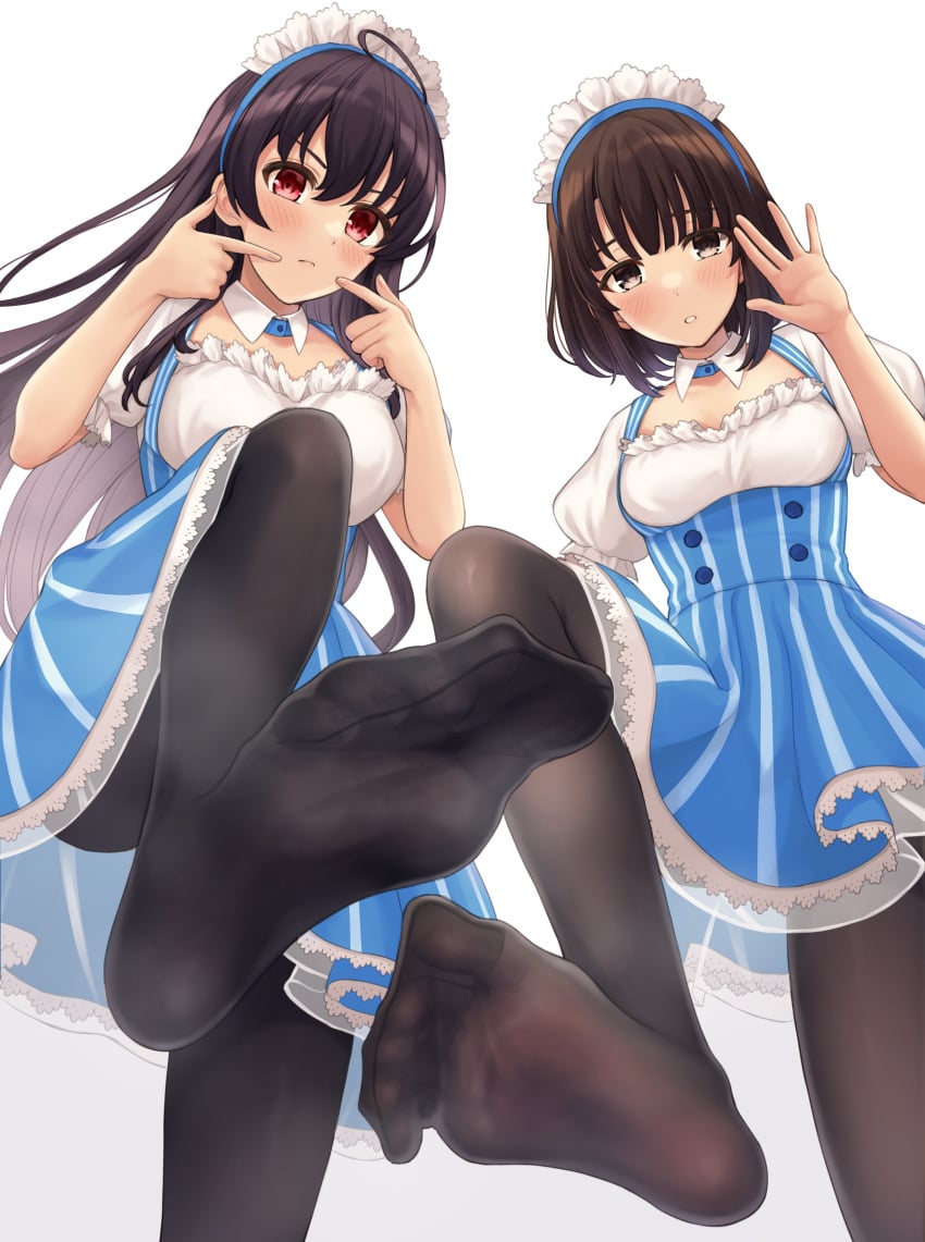 2girls black_pantyhose blue_dress feet female female_only flexible_toes fully_clothed kasumigaoka_utaha katou_megumi looking_down presenting_feet saenai_heroine_no_sodatekata sahara1127 soles soles_of_feet_in_socks stepping