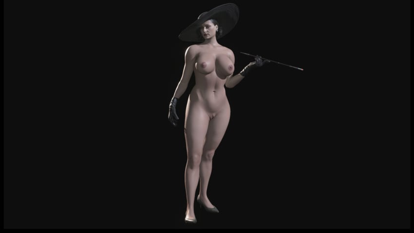 1girls 3d 3d_model alcina_dimitrescu big_breasts black_background breasts capcom female female_only full_body gloves hat high_heels naked naked_female nipples nude nude_female pale-skinned_female pale_skin pussy resident_evil resident_evil_8:_village shaved_pussy solo solo_female vagina