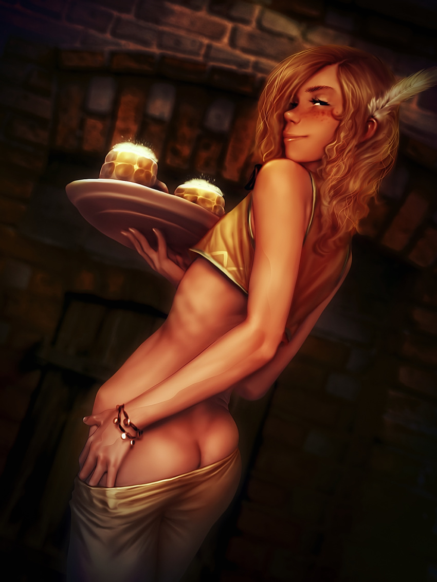 1boy androgynous ass beer blonde_hair butt_crack crossdressing detailed_background feather_in_hair femboy freckles girly jahi looking_at_viewer low_angle male male_only matthew_(yuni) original_characters penis ribs seductive seductive_look seductive_smile skinny smile solo solo_male standing tavern trap waiter waitress yuni