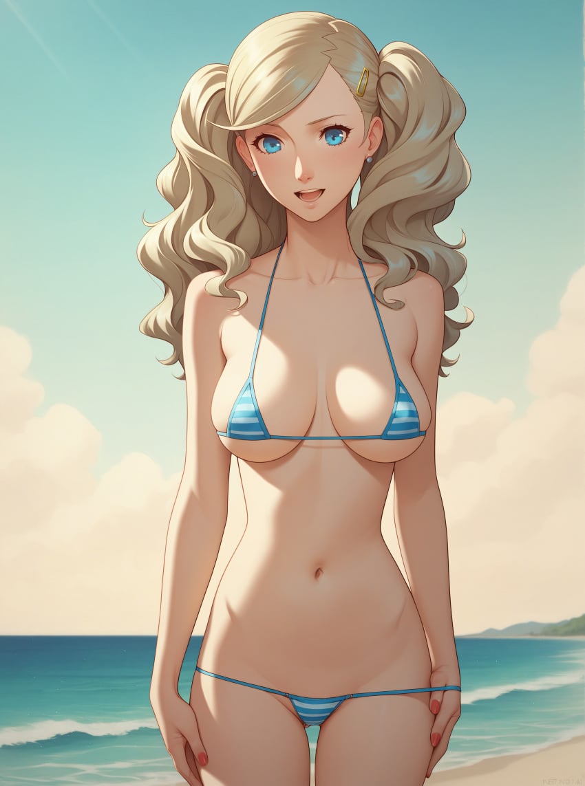 1girls ai_generated ann_takamaki atlus beach belly belly_button bikini bikini_bottom bikini_top blonde_hair blue_bikini blue_eyes breasts earring eyes female female_only hair hairclip large_breasts micro_bikini navel open_mouth persona persona_5 robinlover solo solo_female tagme