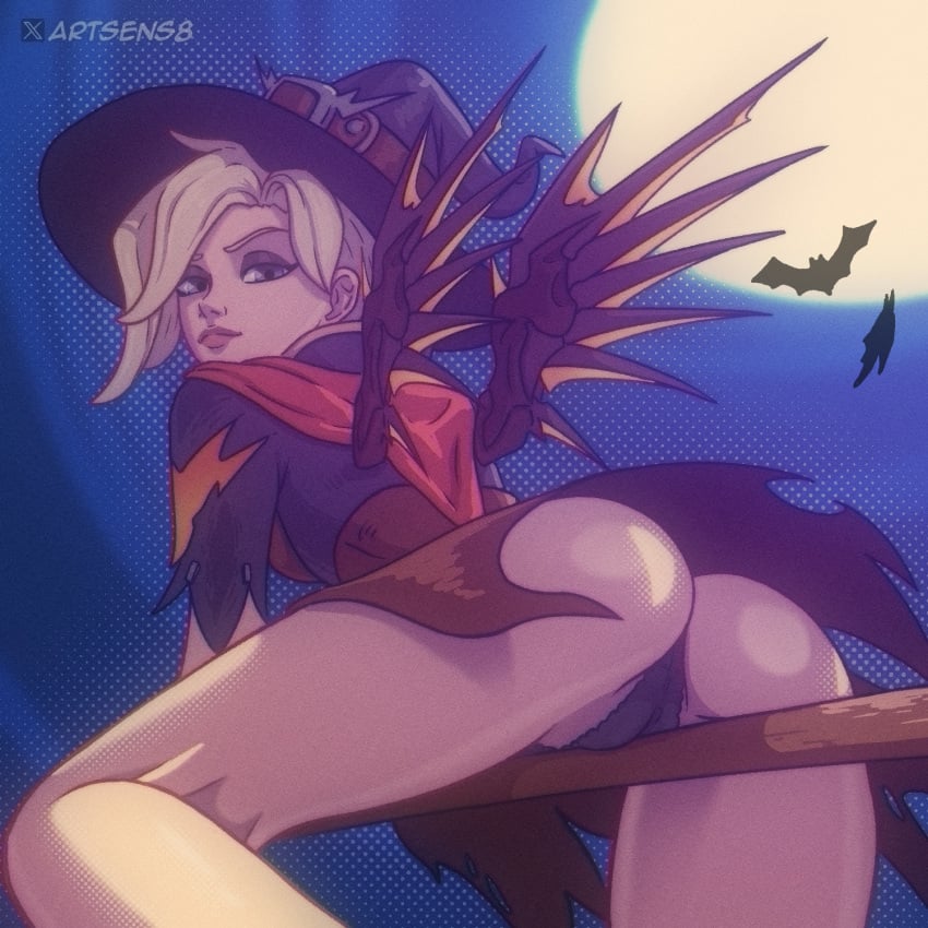 1:1_aspect_ratio artsens8 ass bat_(animal) black_clothes black_panties black_underwear blonde_hair blue_eyes breasts broom broom_riding cameltoe clothing female female_only from_behind full_moon halloween halloween_costume hat headwear high_resolution looking_at_viewer looking_back mercy mercy_(overwatch) moon night overwatch pantsu sky solo spellcaster underwear wings witch witch_hat witch_mercy